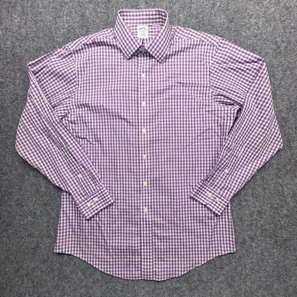 Brooks Brothers 346 Shirt Mens 16 4/5 Purple Gingham Slim Fit Non-Iron Cotton EX